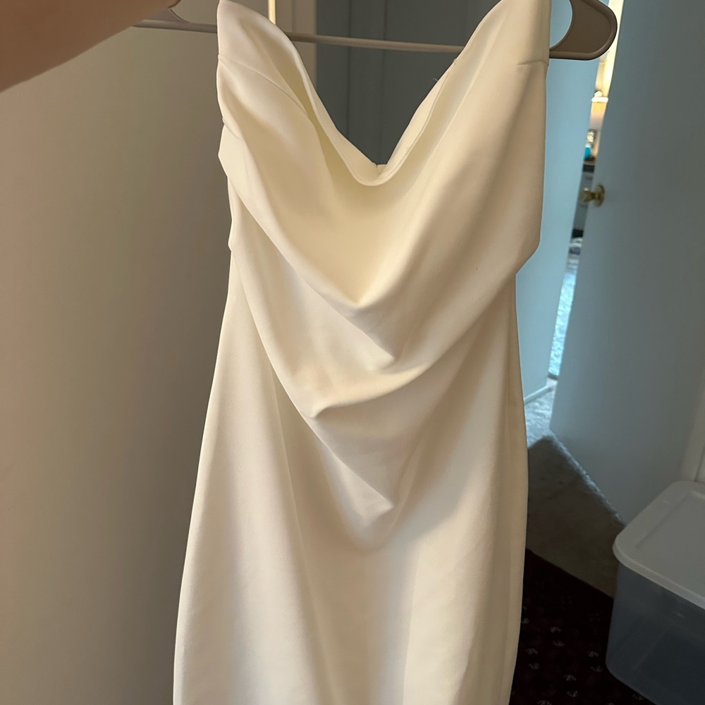 White knee-length sleeveless cowl neck slip dress for bride